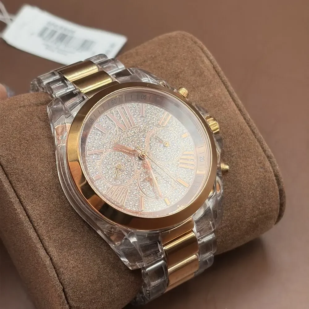 Michael Kors Chronograph Bradshaw Clear Acrylic Bracelet Rose Gold Watch MK5905
